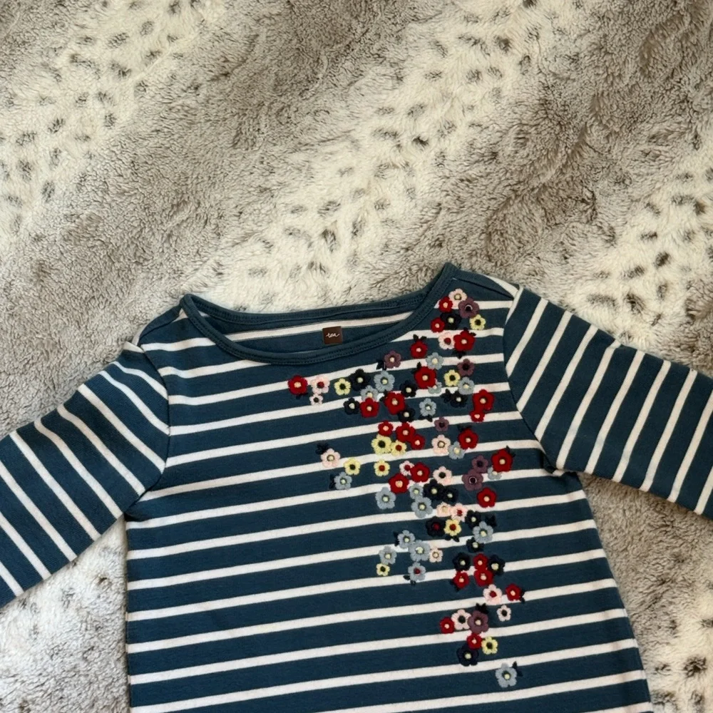 Tea Collection blue white striped dress girls size 6 floral embroidery holiday